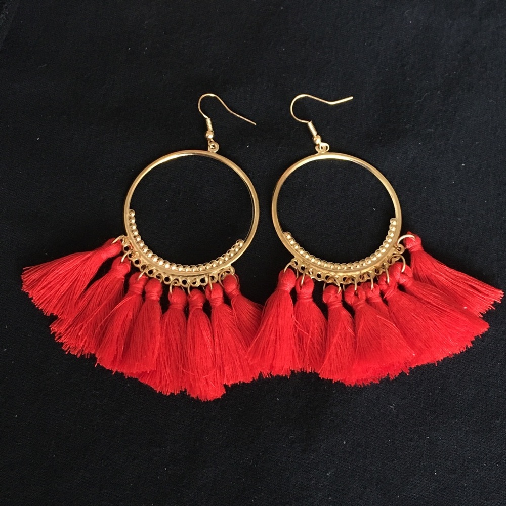 Red Fan Shaped Tasseled Dangle Hook Earrings